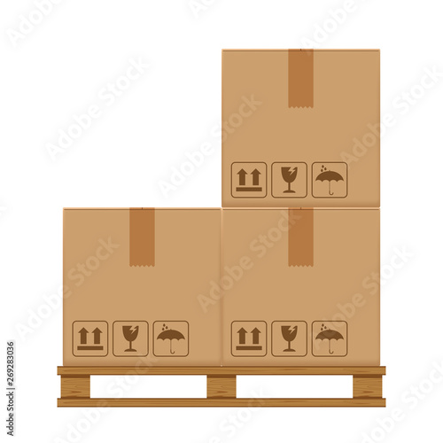 crate boxes three on wooded pallet, wood pallet with cardboard box in factory warehouse storage, flat style warehouse cardboard parcel boxes stack, packaging cargo, 3d boxes brown isolated on white