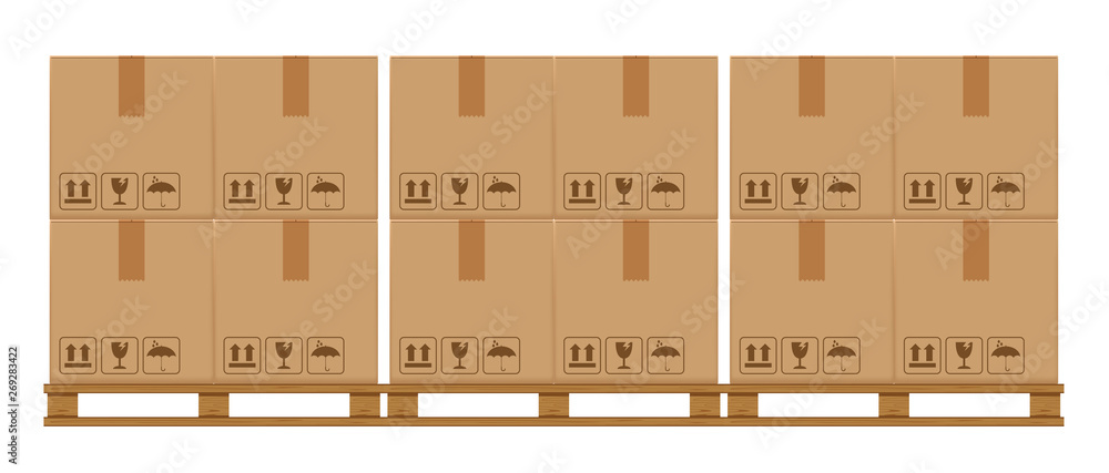crate boxes on wooded pallet, wood pallet with cardboard box in factory warehouse storage, flat style warehouse cardboard parcel boxes stack, packaging cargo, 3d boxes brown isolated on white crate boxes on wooded pallet, wood pallet with cardboard box in factory warehouse storage, flat style warehouse cardboard parcel boxes stack, packaging cargo, 3d boxes brown isolated on white