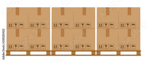 crate boxes on wooded pallet, wood pallet with cardboard box in factory warehouse storage, flat style warehouse cardboard parcel boxes stack, packaging cargo, 3d boxes brown isolated on white