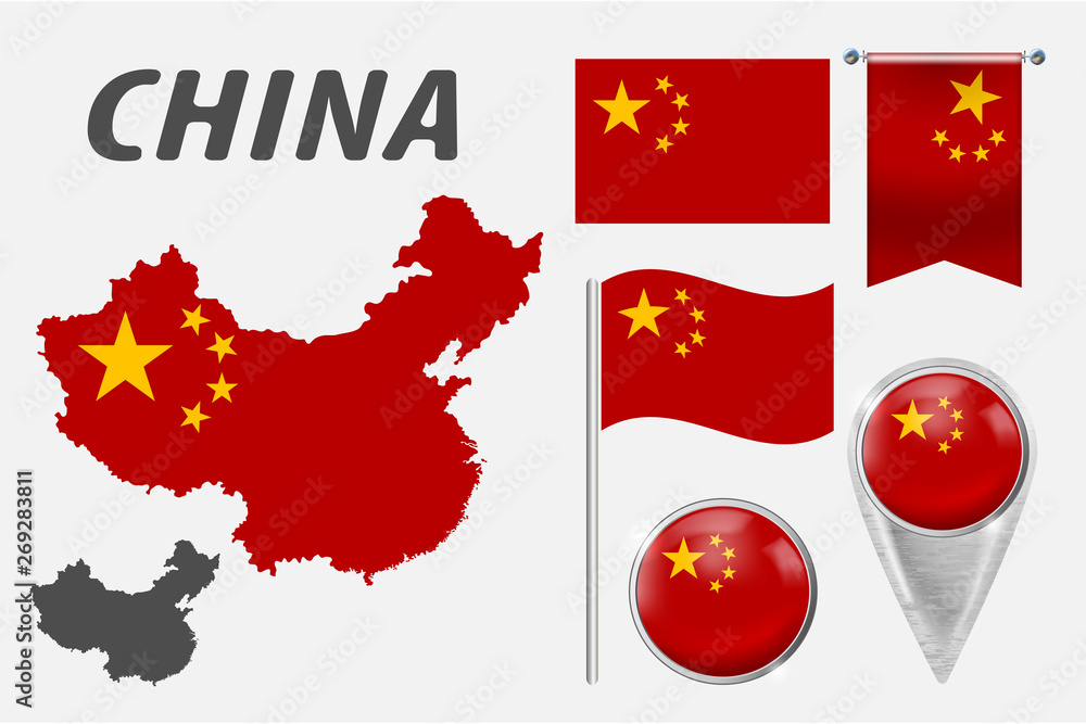 CHINA. Collection of symbols in colors national flag on various objects isolated on white background. Flag, pointer, button, waving and hanging flag, detailed outline map and country inside flag.