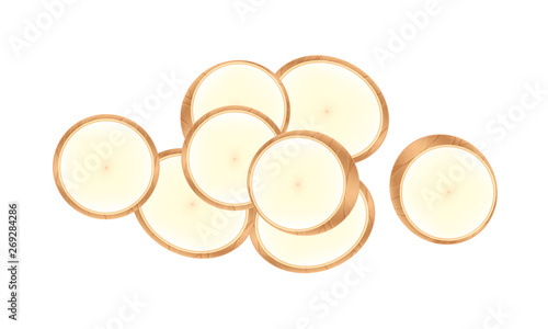 raw cassava fresh isolated on white background, cassava cut slice for tapioca flour industry or ethanol industry, pile yucca cassava tuber, raw manioc cassava in top view