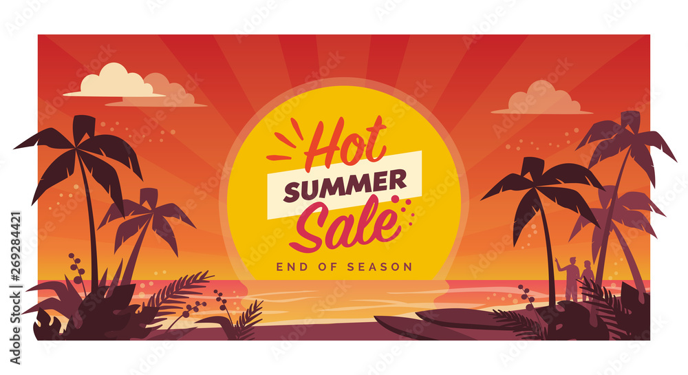 Hot summer sale promotional banner with tropical beach - obrazy, fototapety, plakaty 
