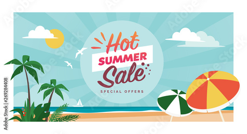 Hot summer sale promotional banner with tropical beach
