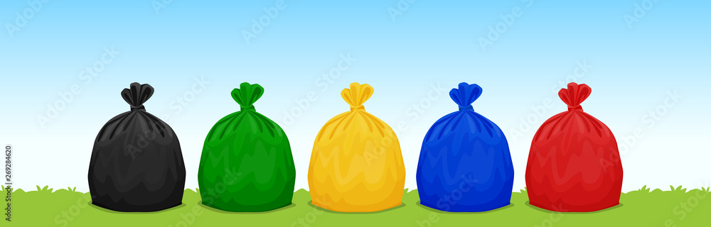 Plastic Waste Bags Black Green Yellow Blue Red Grass Sky Stock