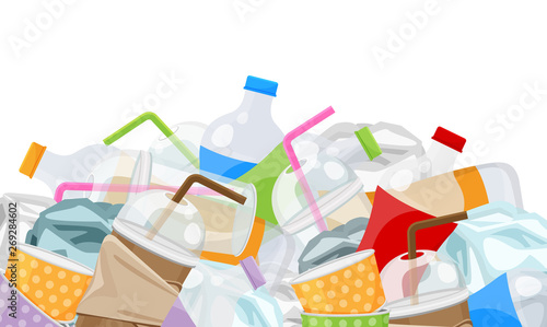 illustration of pile garbage waste plastic and paper many isolated on white background, bottles plastic garbage waste many, stack of plastic bottle paper cup waste dump, pollution garbage