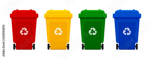 Fotografiet bin plastic, four colorful recycle bins isolated on white background, red, yello