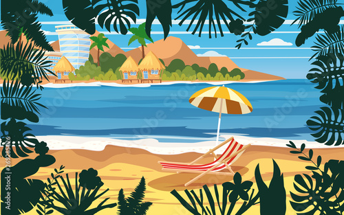 Time to travel ocean sea beach  coast  palm leaves umbrella  beach chair