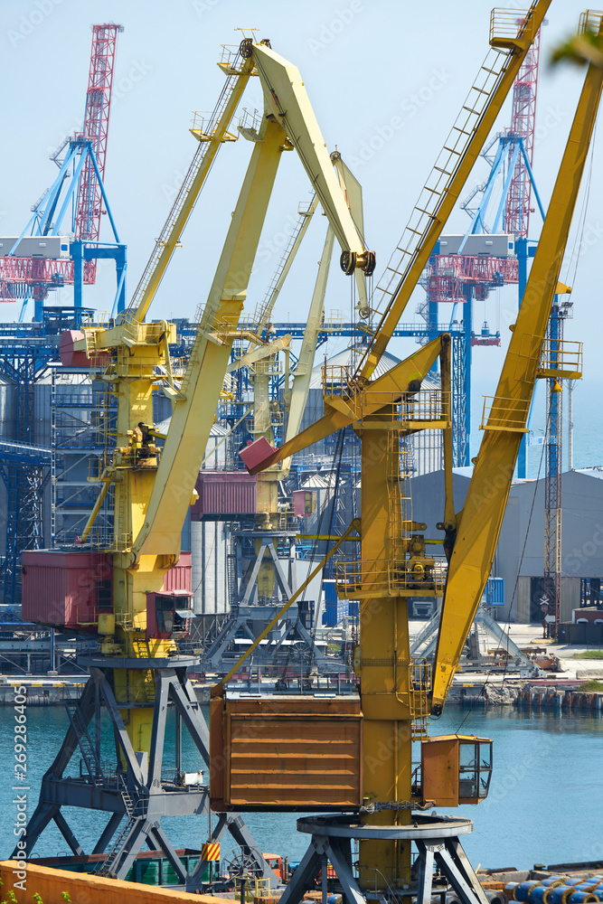 Industrial port, infrastructure of seaport, cranes and dry cargo ships Industrial port, infrastructure of seaport, cranes and dry cargo ships
