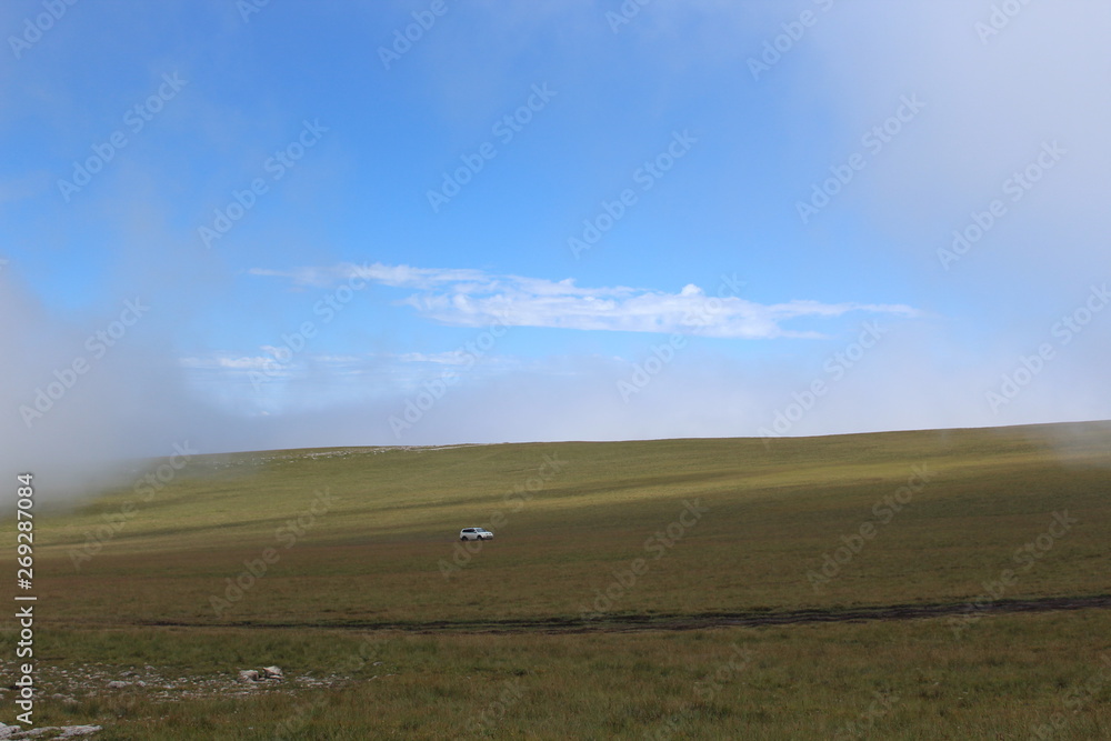 Fototapeta premium car, field and blue sky