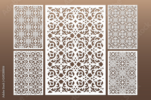 Laser cut cabinet fretwork perforated panel in arabic style. Ornamental panels template set for cutting exterior, rate 2:3. Metal, paper or wood carving. Outdoor screen.