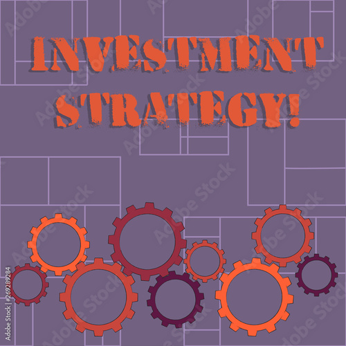 Text sign showing Investment Strategy. Business photo showcasing the systematic plan to allocate investable assets Colorful Cog Wheel Gear Engaging  Interlocking and Tesselating Flat Style