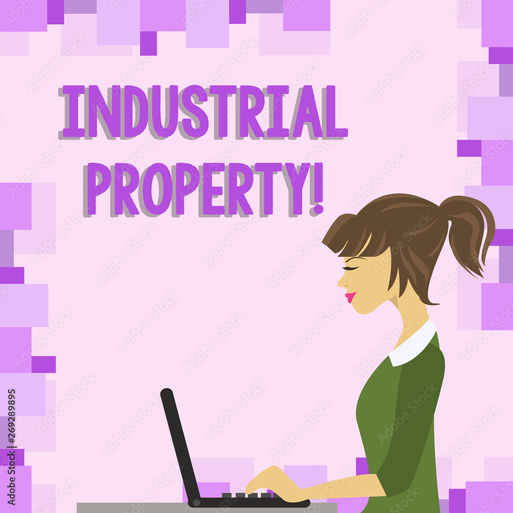 Word writing text Industrial Property. Business photo showcasing the intangible ownership of a trademark or patent photo of Young Busy Woman Sitting Side View and Working on her Laptop Word writing text Industrial Property. Business photo showcasing the intangible ownership of a trademark or patent photo of Young Busy Woman Sitting Side View and Working on her Laptop
