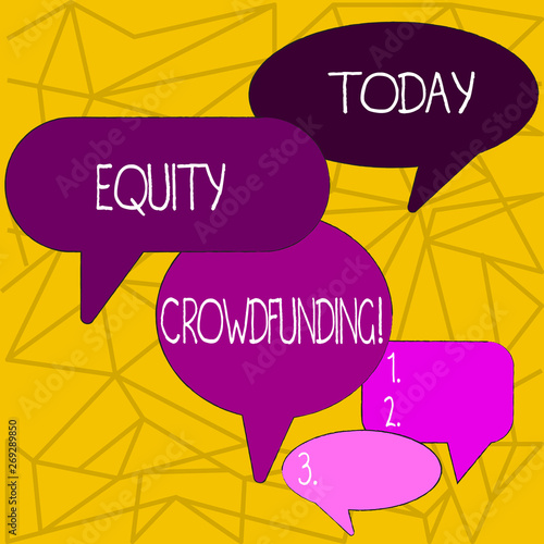 Writing note showing Equity Crowdfunding. Business concept for raising capital used by startups and earlystage company Speech Bubble in Different Sizes and Shade Group Discussion photo