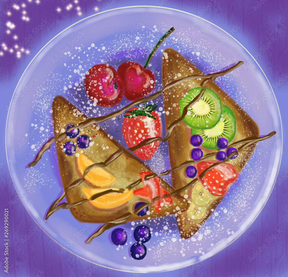 A plate with two toasts and various fruits with chocolate topping and icing sugar on a purple background A plate with two toasts and various fruits with chocolate topping and icing sugar on a purple background