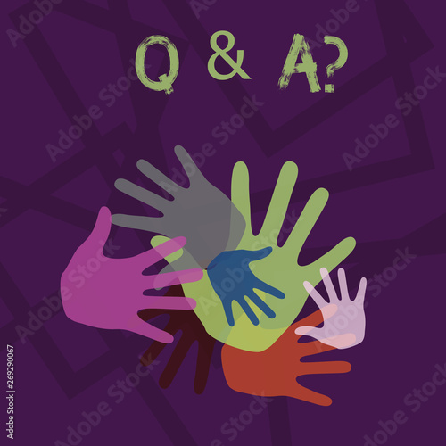 Word writing text Q And A Question. Business photo showcasing in which demonstrating asks questions and another one answers them Color Hand Marks of Different Sizes Overlapping for Teamwork and