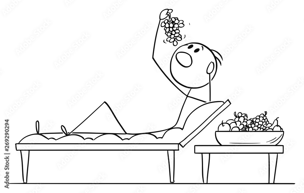 Φωτογραφία Vector cartoon stick figure drawing conceptual illustration of wealthy man or businessman lying on couch in roman or lucullan style and eating fruit or grapes