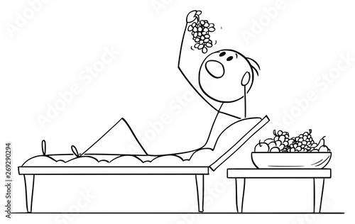 Vector cartoon stick figure drawing conceptual illustration of wealthy man or businessman lying on couch in roman or lucullan style and eating fruit or grapes.