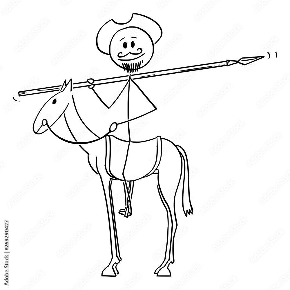 Vector cartoon stick figure drawing conceptual illustration of knight