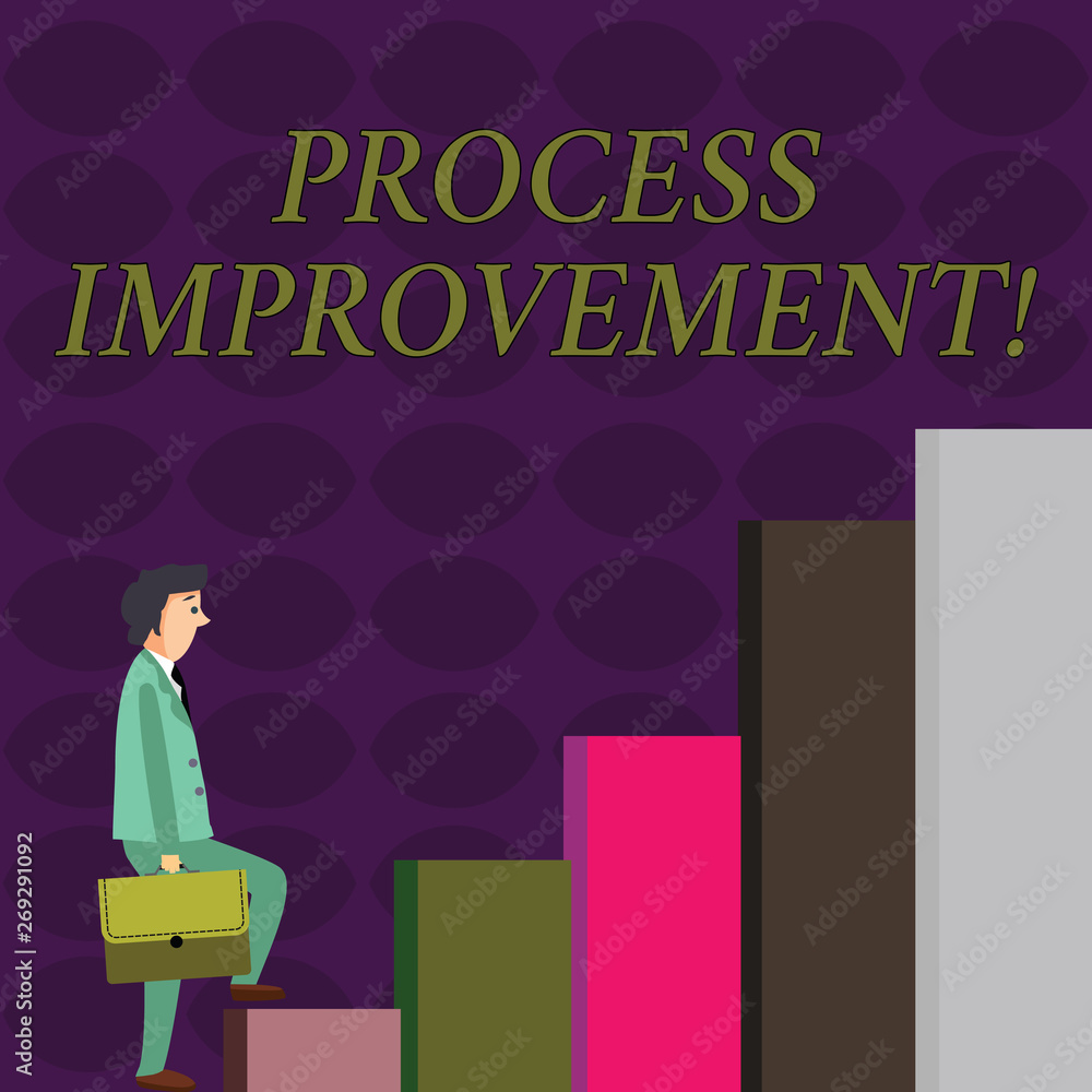 Text sign showing Process Improvement. Business photo showcasing ongoing effort to improve products services or processes Businessman Carrying a Briefcase is in Pensive Expression while Climbing Up