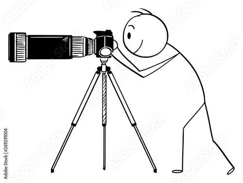 Vector cartoon stick figure drawing conceptual illustration of man or photographer taking photo with camera with big and long zoom or telephoto lens mounted on tripod.