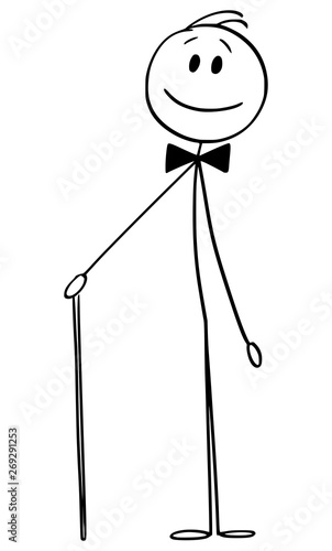 Vector cartoon stick figure drawing conceptual illustration of elegant fashionable man or dandy with walking stick and bow tie.
