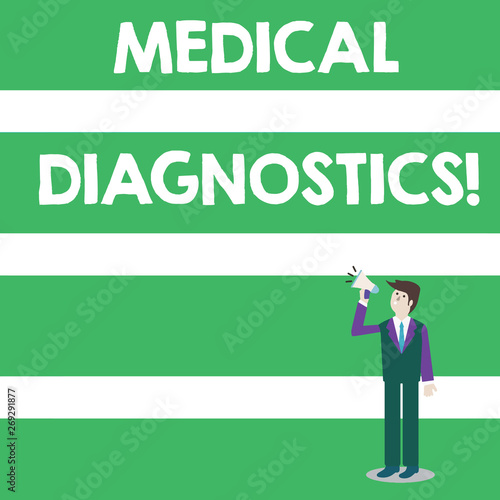 Text sign showing Medical Diagnostics. Business photo text a symptom or characteristic of value in diagnosis Businessman Looking Up  Holding and Talking on Megaphone with Volume Icon