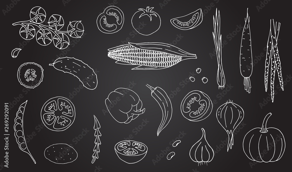 Vegetables hand drawn style white color on black background