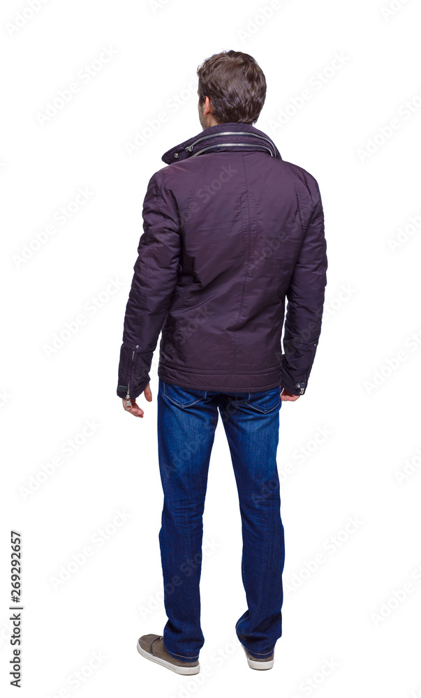 Back view of handsome man In long black jacket. Back view of handsome man In long black jacket.