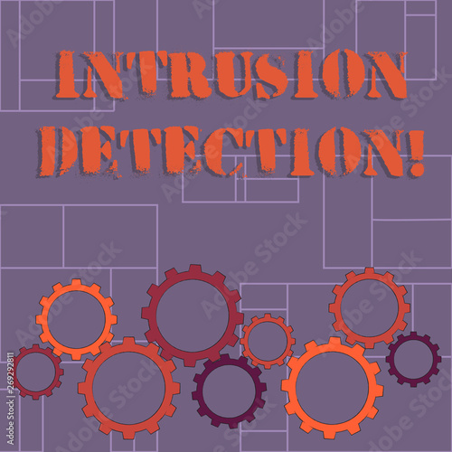 Text sign showing Intrusion Detection. Business photo showcasing monitors a network or systems for malicious activity Colorful Cog Wheel Gear Engaging  Interlocking and Tesselating Flat Style
