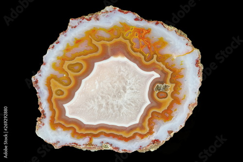 A cross section of the concentric agate filled with quartz. Multicolored silica bands colored with metal oxides are visible.