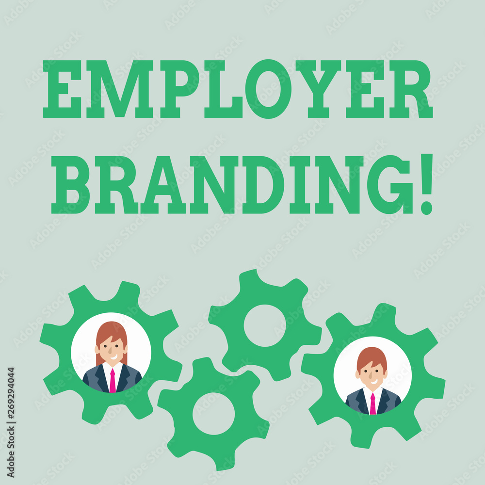 Text sign showing Employer Branding. Business photo text promoting company employer choice to desired target group Two Business People Each Inside Colorful Cog Wheel Gears for Teamwork Event Text sign showing Employer Branding. Business photo text promoting company employer choice to desired target group Two Business People Each Inside Colorful Cog Wheel Gears for Teamwork Event