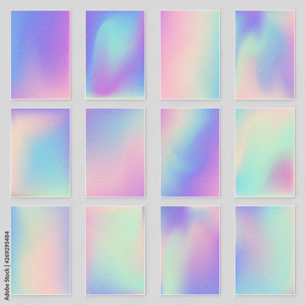 Holographic foil gradient iridescent background set. Empty template