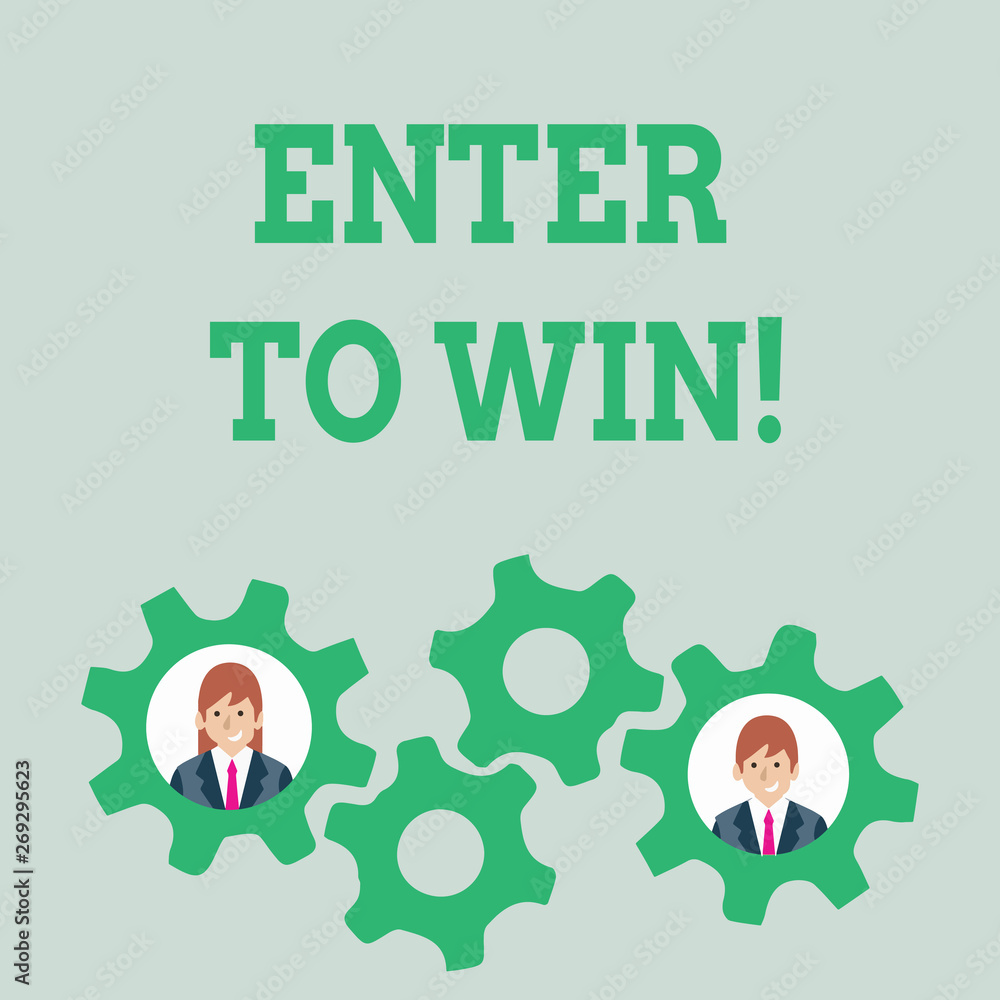 Text sign showing Enter To Win. Business photo text exchanging something value for prize chance winning prize Two Business People Each Inside Colorful Cog Wheel Gears for Teamwork Event Text sign showing Enter To Win. Business photo text exchanging something value for prize chance winning prize Two Business People Each Inside Colorful Cog Wheel Gears for Teamwork Event
