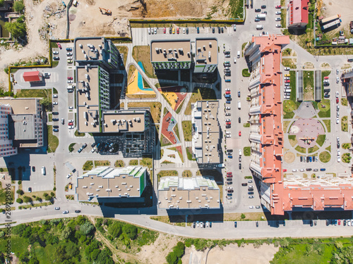 aerial view of construction site of apartments