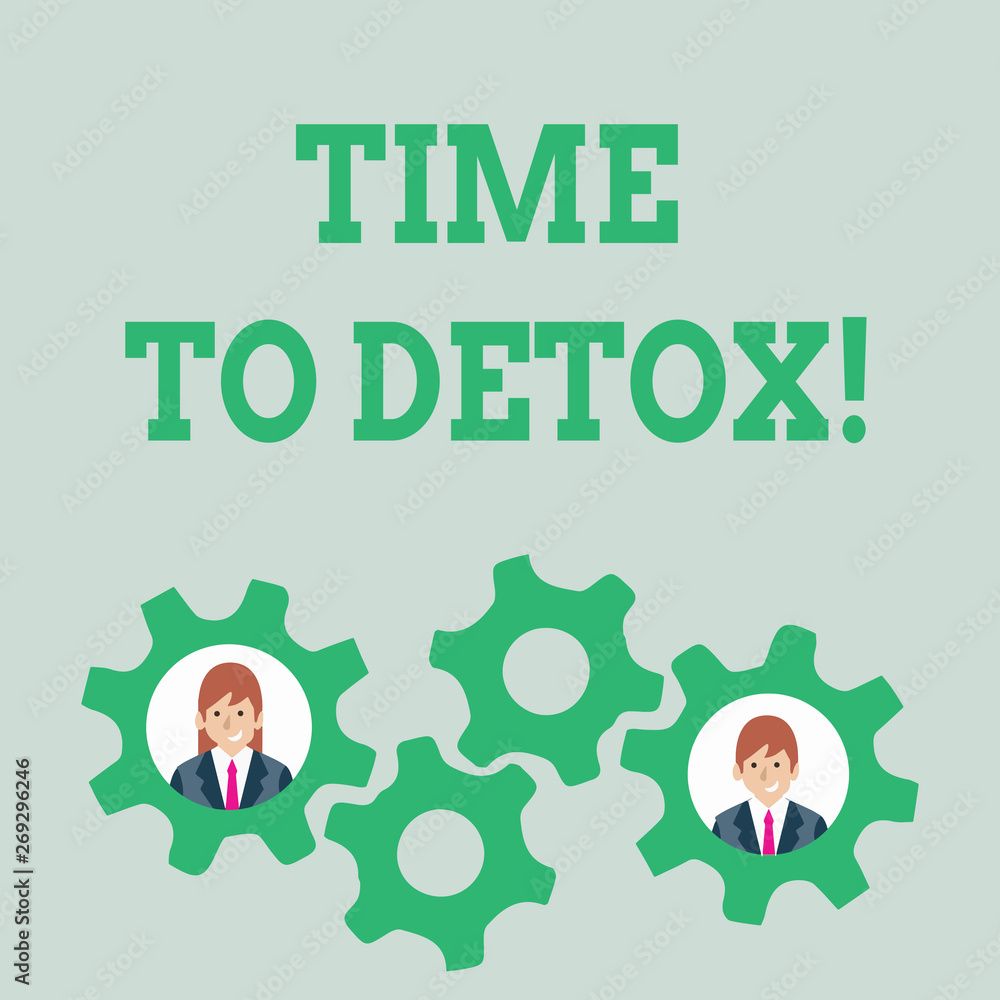 Text sign showing Time To Detox. Business photo text when you purify your body of toxins or stop consuming drug Two Business People Each Inside Colorful Cog Wheel Gears for Teamwork Event Text sign showing Time To Detox. Business photo text when you purify your body of toxins or stop consuming drug Two Business People Each Inside Colorful Cog Wheel Gears for Teamwork Event