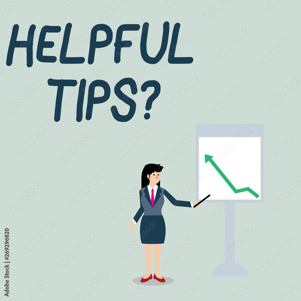 Conceptual hand writing showing Helpful Tips Question. Concept meaning secret information or advice given to be helpful knowledge Woman Holding Stick Pointing to Chart of Arrow on Whiteboard Conceptual hand writing showing Helpful Tips Question. Concept meaning secret information or advice given to be helpful knowledge Woman Holding Stick Pointing to Chart of Arrow on Whiteboard
