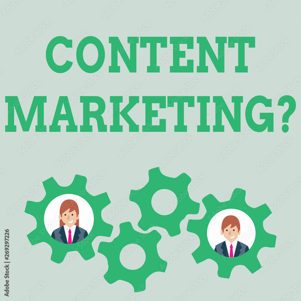 Text sign showing Content Marketing Question. Business photo text involves creation and sharing of online material Two Business People Each Inside Colorful Cog Wheel Gears for Teamwork Event Text sign showing Content Marketing Question. Business photo text involves creation and sharing of online material Two Business People Each Inside Colorful Cog Wheel Gears for Teamwork Event