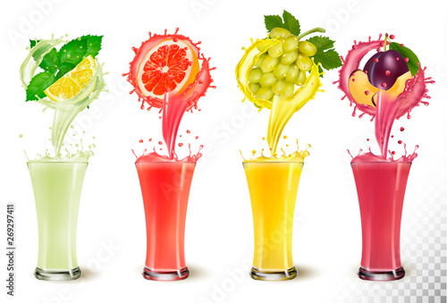 Set of fruit juice splash in a glasses. Mint and lemon, grapefruit, grapes, plum. Vector