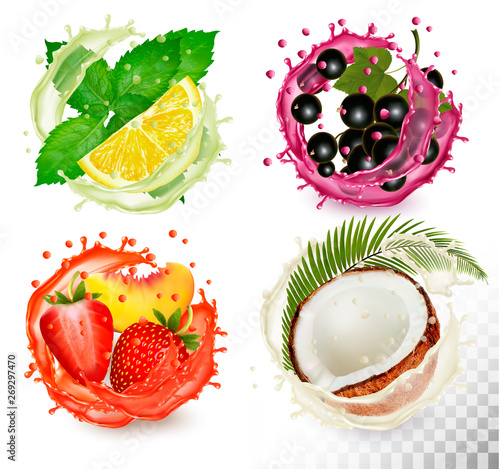 Big group of fruit in juice splash icons. Mint and citron, coconut, peach and strawberry, blackberry. Vector Set