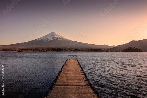 Mount Fuji viewed from Kawaguchi lake in evening Japan