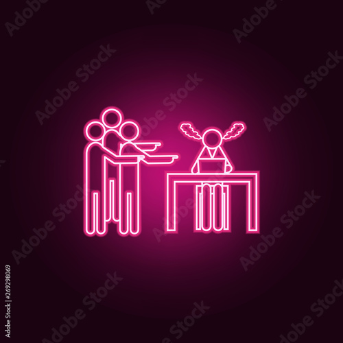 tired subordinate and managers points with fingers neon icon. Elements of Team work set. Simple icon for websites, web design, mobile app, info graphics