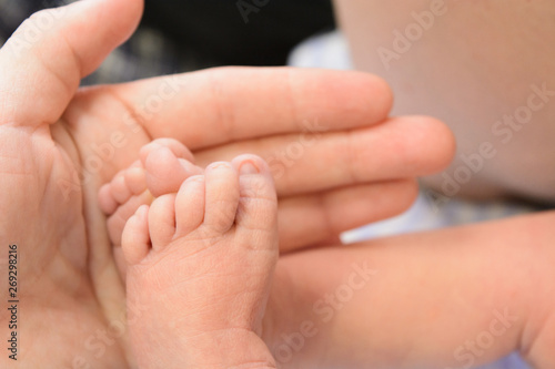 Small cute newborn baby's feet with man's hand © karlevana