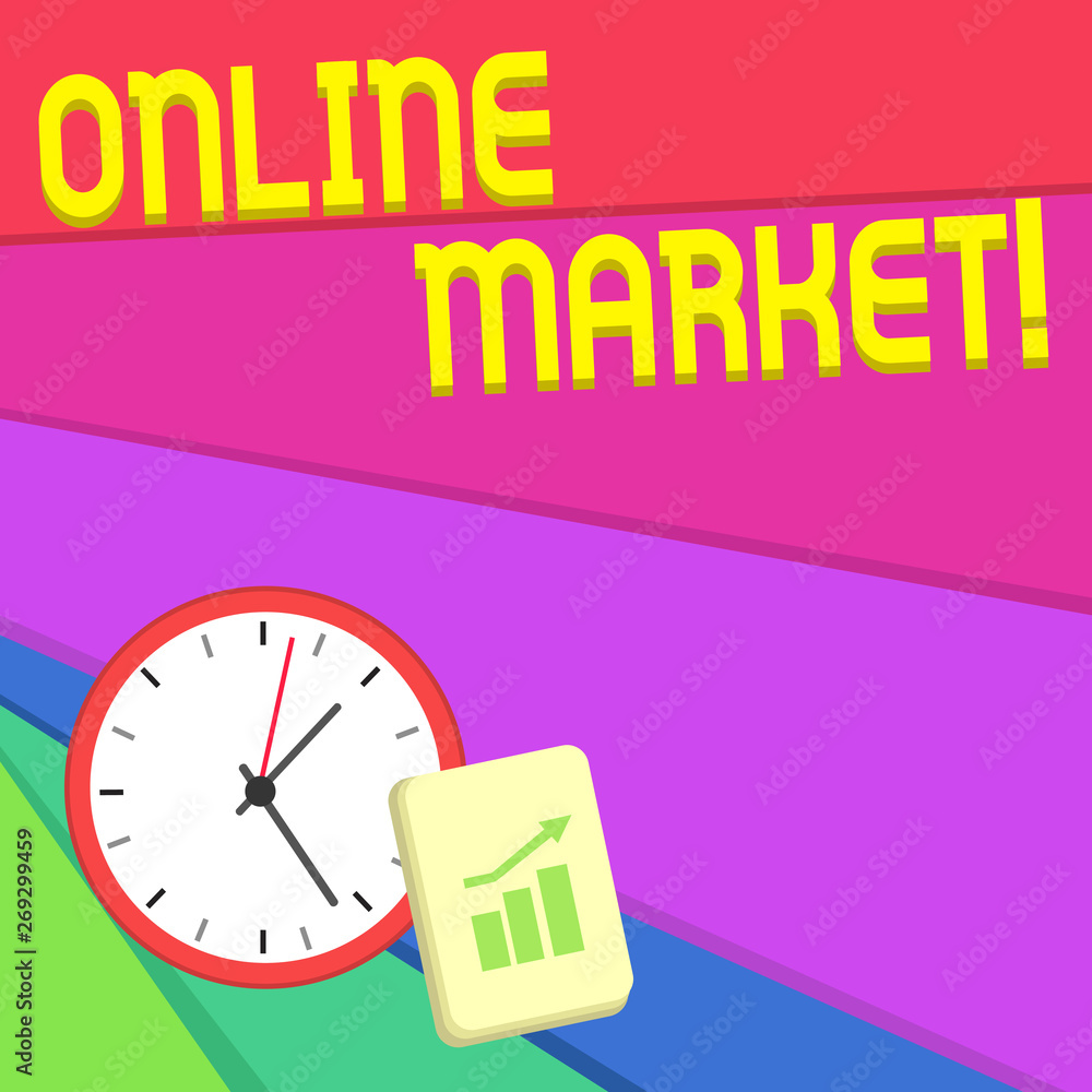 Obraz premium Text sign showing Online Market. Business photo text practice of leveraging webbased channels to sell a product Layout Wall Clock Notepad with Escalating Bar Graph and Arrow Pointing Up