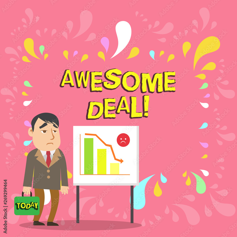 Conceptual hand writing showing Awesome Deal. Concept meaning A large but indefinite quantity as like as a good deal of money Businessman with Brief Case Standing Whiteboard Bar Chart Conceptual hand writing showing Awesome Deal. Concept meaning A large but indefinite quantity as like as a good deal of money Businessman with Brief Case Standing Whiteboard Bar Chart