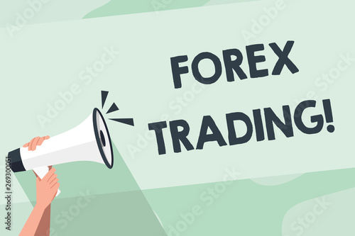 Word writing text Forex Trading. Business photo showcasing exchange of currencies between two or more countries Human Hand Holding Tightly a Megaphone with Sound Icon and Blank Text Space © Artur