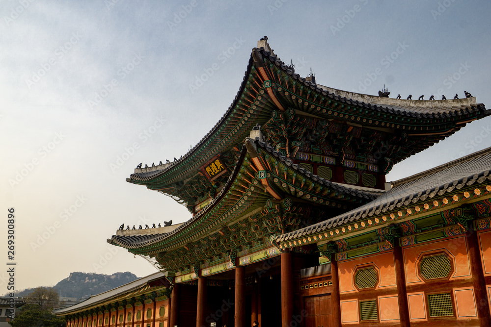 A pagoda at the entrance gate of Gyeongbokgung Palace, a Joseon Dynasty era palace complex in Seoul, South Korea, dating from the 14th century