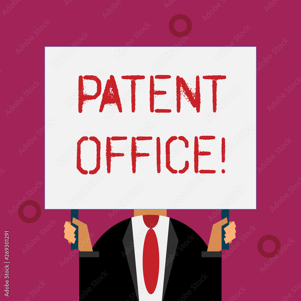 Writing note showing Patent Office. Business concept for a government office that makes decisions about giving patents