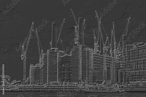 Illustration, engraving of cranes surround Battersea Power Station. View from across the River Thames. One of the world's largest brick buildings.