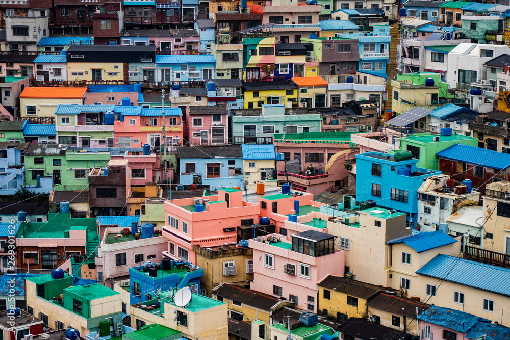 The brightly colored buildings of the Busan Gamcheon Culture village, an art district in Busan, South Korea