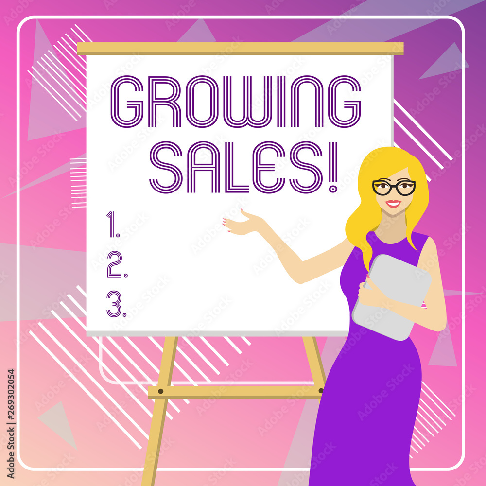 Text sign showing Growing Sales. Business photo showcasing Average sales volume of a company s is products has grown White Female in Glasses Standing by Blank Whiteboard on Stand Presentation Text sign showing Growing Sales. Business photo showcasing Average sales volume of a company s is products has grown White Female in Glasses Standing by Blank Whiteboard on Stand Presentation